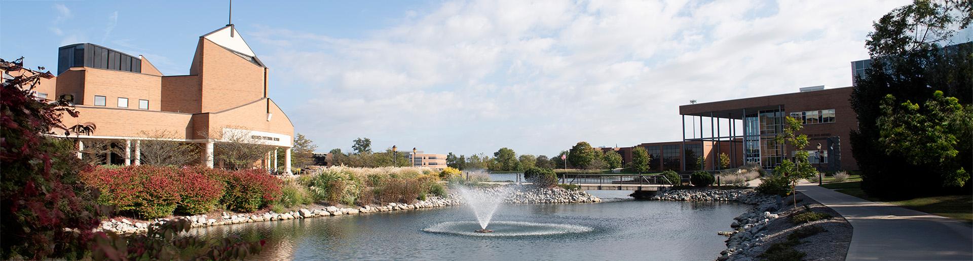 The BTS and Dixon Ministry Center as seen across Cedar Lake on the campus of Cedarville University.